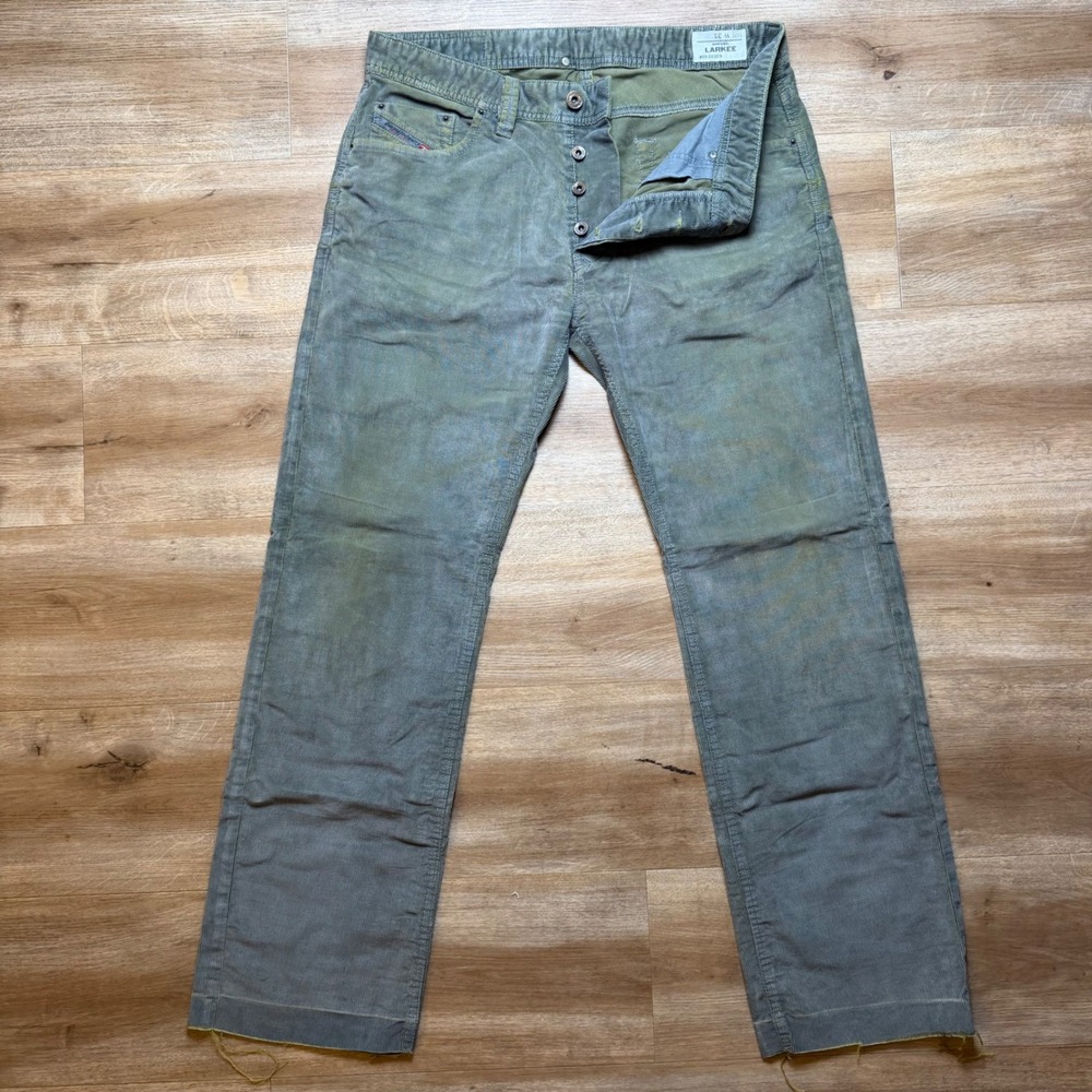 Diesel Larkee Pants Mens 31 Green Corduroy Straight Leg Faded Distressed 003C9